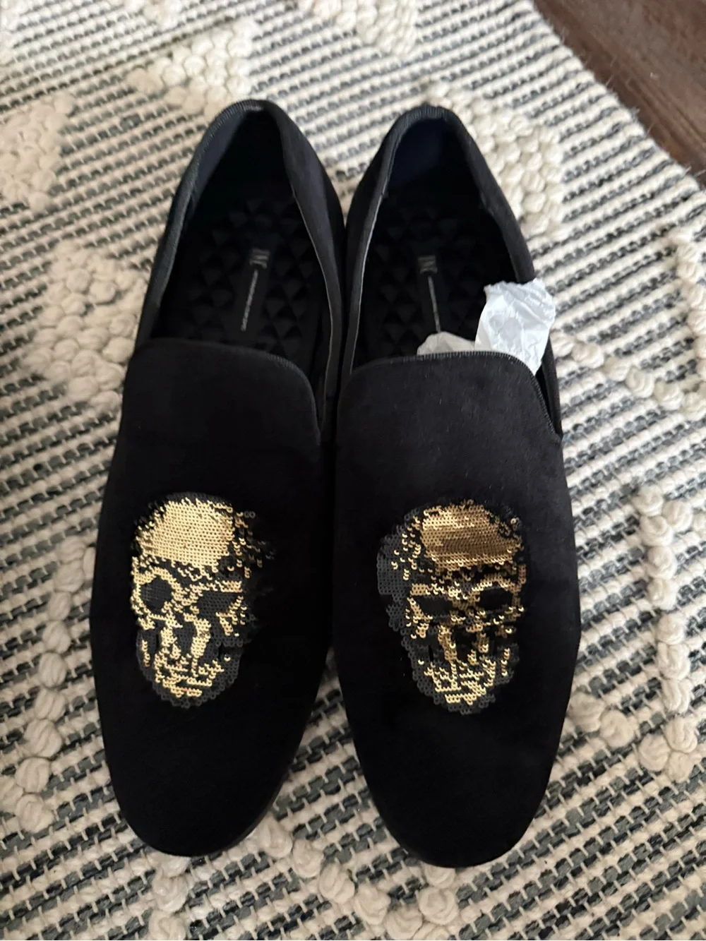 INC International Concepts Black Velvet Loafers with Gold Skull Sequin Detail
